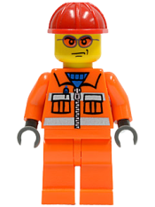 LEGO Construction Worker - Orange Zipper, Safety Stripes, Orange Arms, Orange Legs, Red Construction Helmet, Orange Glasse minifigure