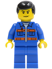 LEGO Blue Jacket with Pockets and Orange Stripes, Blue Legs, Black Male Hair minifigure