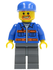 LEGO Blue Jacket with Pockets and Orange Stripes, Dark Bluish Gray Legs, Blue Cap, Beard Around Mouth minifigure