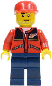 LEGO Red Jacket with Zipper Pockets and Classic Space Logo, Dark Blue Legs, Red Cap minifigure
