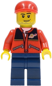 LEGO Red Jacket with Zipper Pockets and Classic Space Logo, Dark Blue Legs, Red Short Bill Cap minifigure