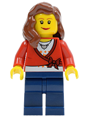 LEGO Sweater Cropped with Bow, Heart Necklace, Dark Blue Legs, Reddish Brown Female Hair over Shoulder minifigure