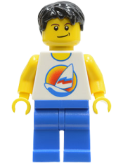 LEGO Surfboard on Ocean - Blue Legs, Black Short Tousled Hair, Crooked Smile minifigure