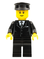 LEGO Suit Black, Black Police Hat, Brown Eyebrows, Thin Grin minifigure