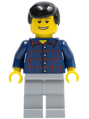 LEGO Plaid Button Shirt, Light Bluish Gray Legs, Black Male Hair, Thin Grin with Teeth minifigure