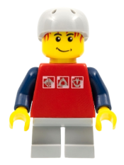 LEGO Skateboarder, Red Shirt with Silver Logos, Dark Blue Arms, Light Bluish Gray Short Legs, Male Messy Red Hair minifigure