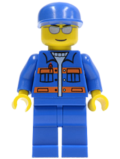 LEGO Blue Jacket with Pockets and Orange Stripes, Blue Legs, Blue Cap, Silver Sunglasses, Eyebrows and Thin Grin minifigure