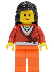 LEGO Sweater Cropped with Bow, Heart Necklace, Orange Legs, Black Female Hair Mid-Length minifigure