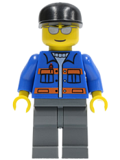 LEGO Blue Jacket with Pockets and Orange Stripes, Dark Bluish Gray Legs, Black Cap, Silver Sunglasses minifigure