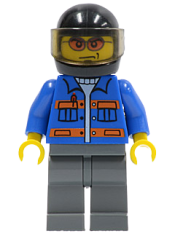 LEGO Blue Jacket with Pockets and Orange Stripes, Dark Bluish Gray Legs, Black Helmet, Orange Sunglasses minifigure