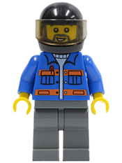 LEGO Blue Jacket with Pockets and Orange Stripes, Dark Bluish Gray Legs, Black Helmet, Gray Beard minifigure