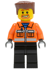 LEGO Construction Worker - Orange Zipper, Safety Stripes, Orange Arms, Black Legs, Reddish Brown Flat Top Hair, Beard Around Mouth minifigure