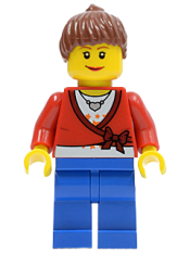 LEGO Sweater Cropped with Bow, Heart Necklace, Blue Legs, Reddish Brown Hair Female Ponytail minifigure