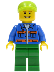 LEGO Blue Jacket with Pockets and Orange Stripes, Green Legs, Lime Short Bill Cap minifigure