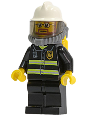 LEGO Fire - Reflective Stripes, Black Legs, White Fire Helmet, Breathing Neck Gear with Air Tanks, Yellow Hands, Beard and Glasses minifigure