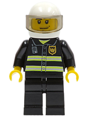 LEGO Fire - Reflective Stripes, Black Legs, White Standard Helmet, Trans-Black Visor, Stubble Beard and Moustache, Smirk and Stubble Beard minifigure