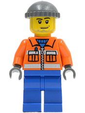 LEGO Construction Worker - Orange Zipper, Safety Stripes, Orange Arms, Blue Legs, Dark Bluish Gray Knit Cap minifigure