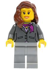 LEGO Dark Bluish Gray Jacket with Magenta Scarf, Light Bluish Gray Legs, Reddish Brown Female Hair over Shoulder, Peach Lips minifigure