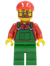 LEGO Overalls Farmer Green, Red Short Bill Cap, Beard and Glasses minifigure