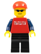 LEGO Red Shirt with 3 Silver Logos, Dark Blue Arms, Black Legs, Red Short Bill Cap, Glasses minifigure