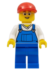 LEGO Overalls Blue over V-Neck Shirt, Blue Legs, Red Short Bill Cap, Glasses minifigure