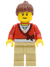 LEGO Sweater Cropped with Bow, Heart Necklace, Tan Legs, Reddish Brown Hair Female Ponytail, Brown Eyebrows, Thin Grin minifigure