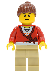 LEGO Sweater Cropped with Bow, Heart Necklace, Tan Legs, Reddish Brown Hair Female Ponytail, Black Eyebrows, Thin Grin minifigure