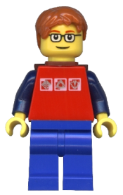 LEGO Red Shirt with 3 Silver Logos, Dark Blue Arms, Blue Legs, Dark Orange Short Tousled Hair, Red Eyebrows, Backpack set
