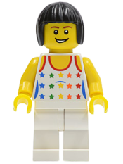 LEGO Shirt with Female Rainbow Stars Pattern, White Legs, Black Bob Cut Hair minifigure