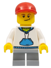 LEGO White Hoodie with Blue Pockets, Light Bluish Gray Short Legs, Red Short Bill Cap minifigure
