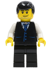 LEGO Black Vest with Blue Striped Tie, Black Legs, White Arms, Black Male Hair (Bus Driver) minifigure