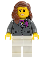 LEGO Dark Bluish Gray Jacket with Magenta Scarf, White Legs, Reddish Brown Female Hair over Shoulder minifigure