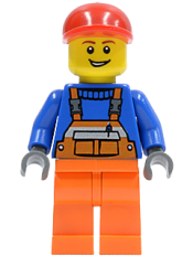 LEGO Overalls with Safety Stripe Orange, Orange Legs, Red Short Bill Cap, Open Grin minifigure