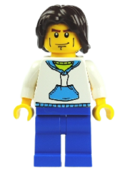 LEGO White Hoodie with Blue Pockets, Blue Legs, Dark Brown Mid-Length Tousled Hair minifigure