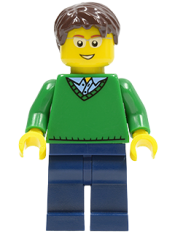 LEGO Green V-Neck Sweater, Dark Blue Legs, Dark Brown Short Tousled Hair, Glasses minifigure