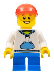 LEGO White Hoodie with Blue Pockets, Blue Short Legs, Red Short Bill Cap minifigure