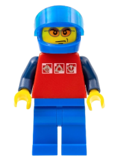 LEGO Red Shirt with 3 Silver Logos, Dark Blue Arms, Blue Legs, Blue Helmet, Orange Sunglasses minifigure