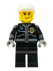 LEGO Police - City Leather Jacket with Gold Badge, White Short Bill Cap, Vertical Cheek Lines minifigure