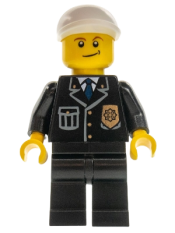 LEGO Police - City Suit with Blue Tie and Badge, Black Legs, White Short Bill Cap, Crooked Smile minifigure