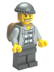 LEGO Police - Jail Prisoner Jacket over Prison Stripes, Dark Bluish Gray Legs, Dark Bluish Gray Knit Cap, Gold Tooth, Backpack minifigure