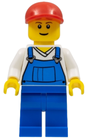 LEGO Overalls Blue over V-Neck Shirt, Blue Legs, Red Short Bill Cap minifigure