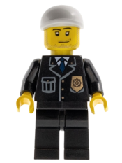 LEGO Police - City Suit with Blue Tie and Badge, Black Legs, White Short Bill Cap, Smirk and Stubble Beard minifigure