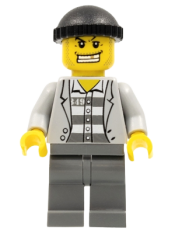 LEGO Police - Jail Prisoner Jacket over Prison Stripes, Dark Bluish Gray Legs, Black Knit Cap, Gold Tooth minifigure