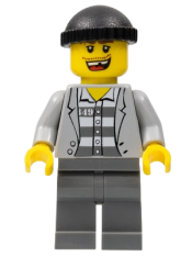 LEGO Police - Jail Prisoner Jacket over Prison Stripes, Dark Bluish Gray Legs, Black Knit Cap, Missing Tooth minifigure