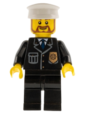 LEGO Police - City Suit with Blue Tie and Badge, Black Legs, White Hat, Brown Beard Rounded minifigure