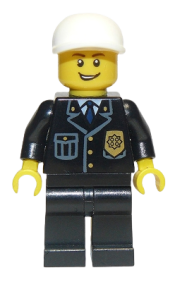 LEGO Police - City Suit with Blue Tie and Badge, Black Legs, White Short Bill Cap, Open Grin minifigure