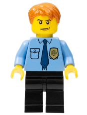 LEGO Police - City Shirt with Dark Blue Tie and Gold Badge, Black Legs, Dark Orange Short Tousled Hair minifigure