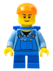 LEGO Overalls with Tools in Pocket Blue, Orange Short Bill Cap, Blue Short Legs, D-Basket, Black Eyebrows minifigure