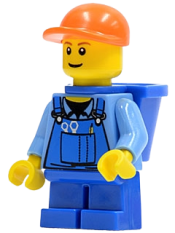 LEGO Overalls with Tools in Pocket Blue, Orange Short Bill Cap, Blue Short Legs, D-Basket, Reddish Brown Eyebrows minifigure