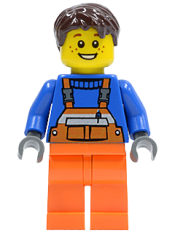 LEGO Overalls with Safety Stripe Orange, Orange Legs, Dark Brown Tousled Hair, Open Grin and Freckles minifigure